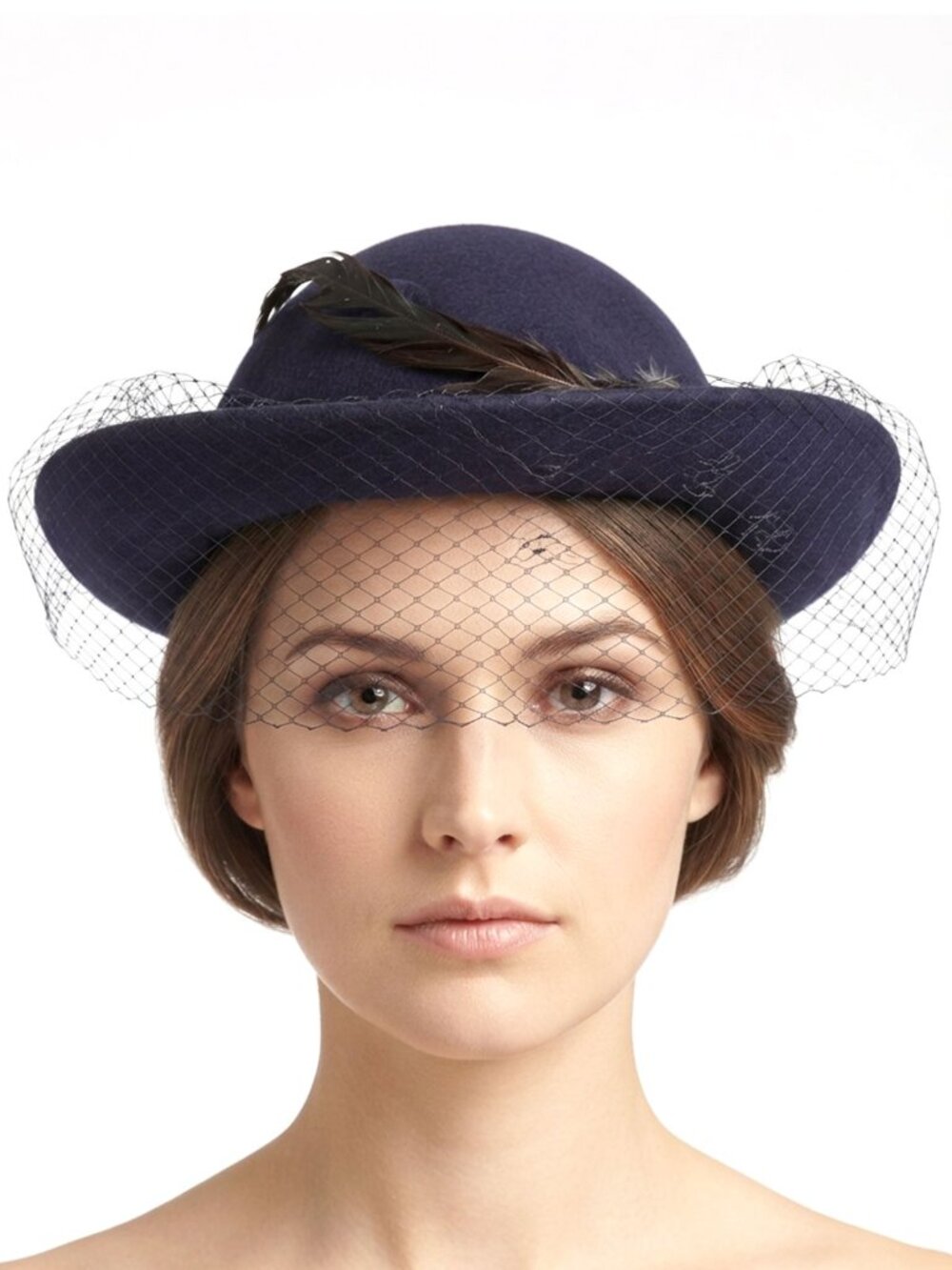 Vintage 70s Lancaster Navy Wool Veil Hat Feather Retro Netting USA